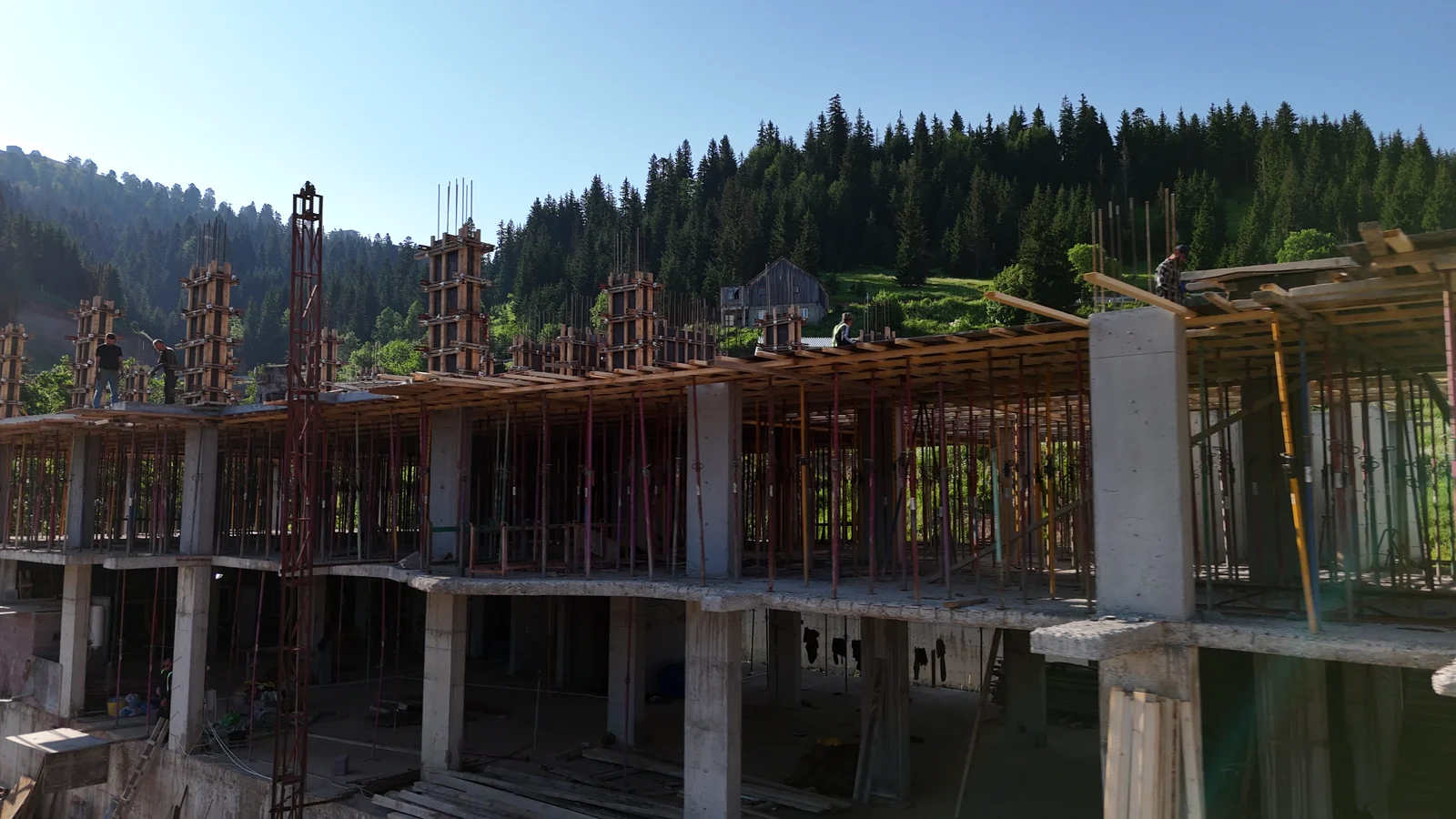 The concrete frame of Goderdzi Time under construction, filmed by drone.