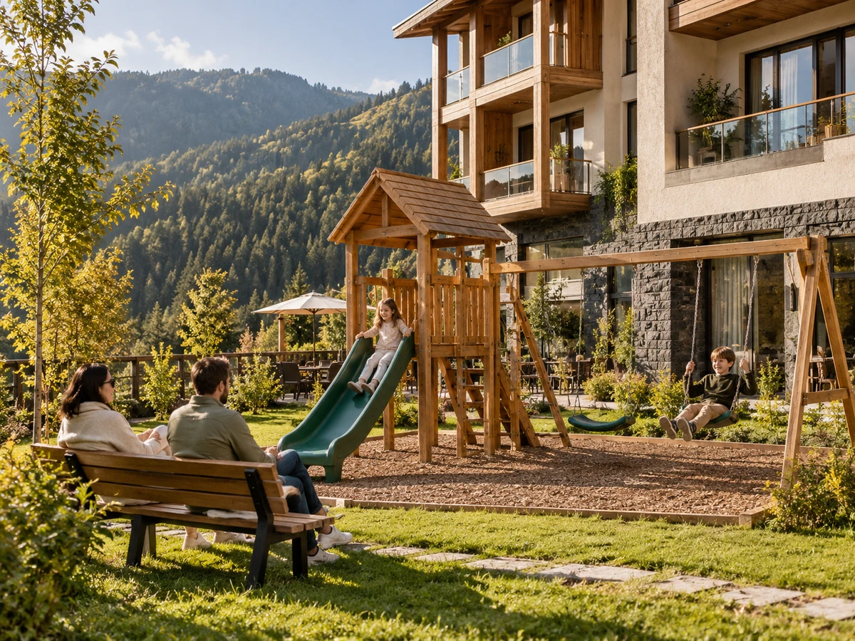 Concept of a timber playground beside a mountain hotel
